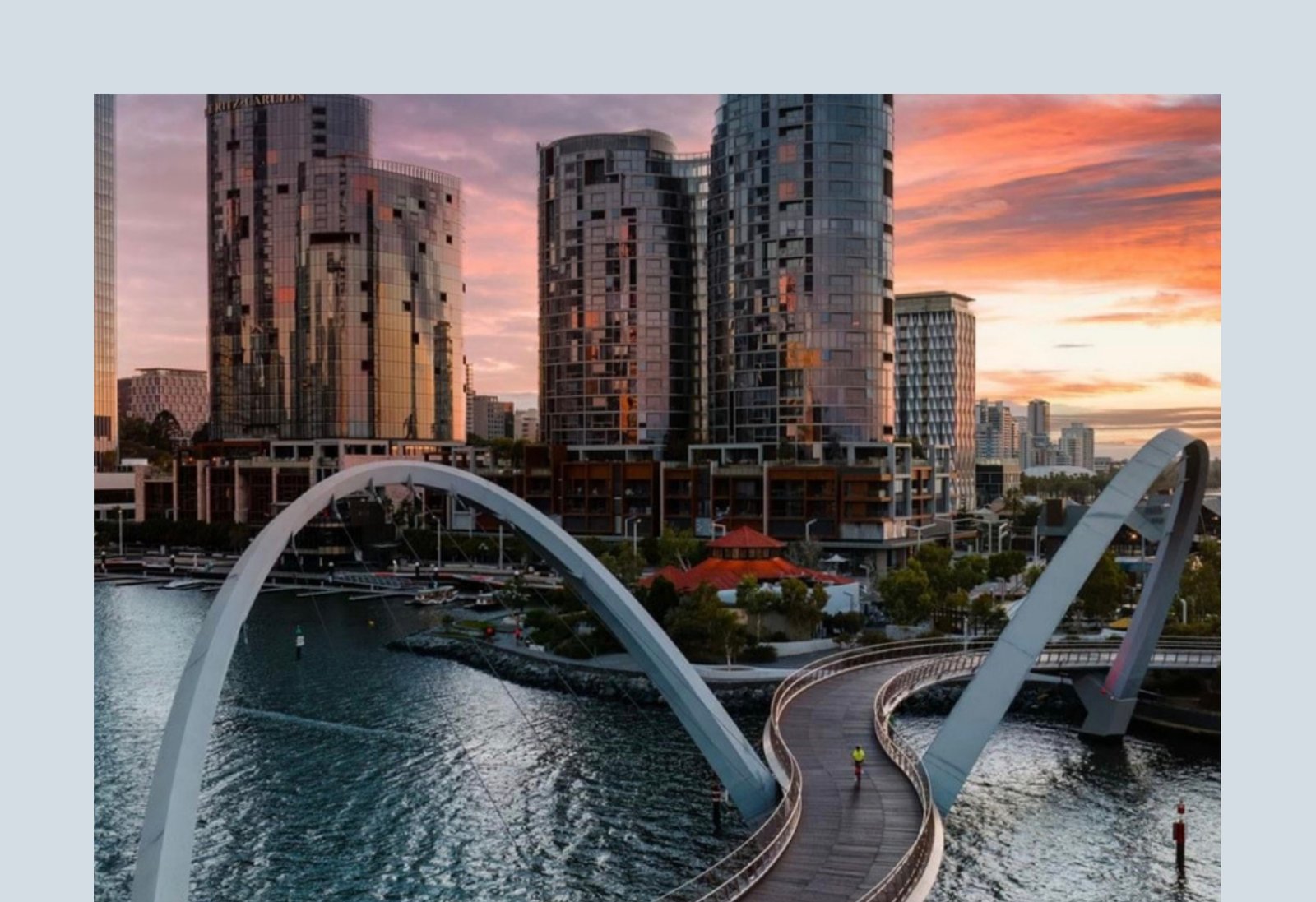 Perth skyline and Elizabeth Quay Bridge at sunset